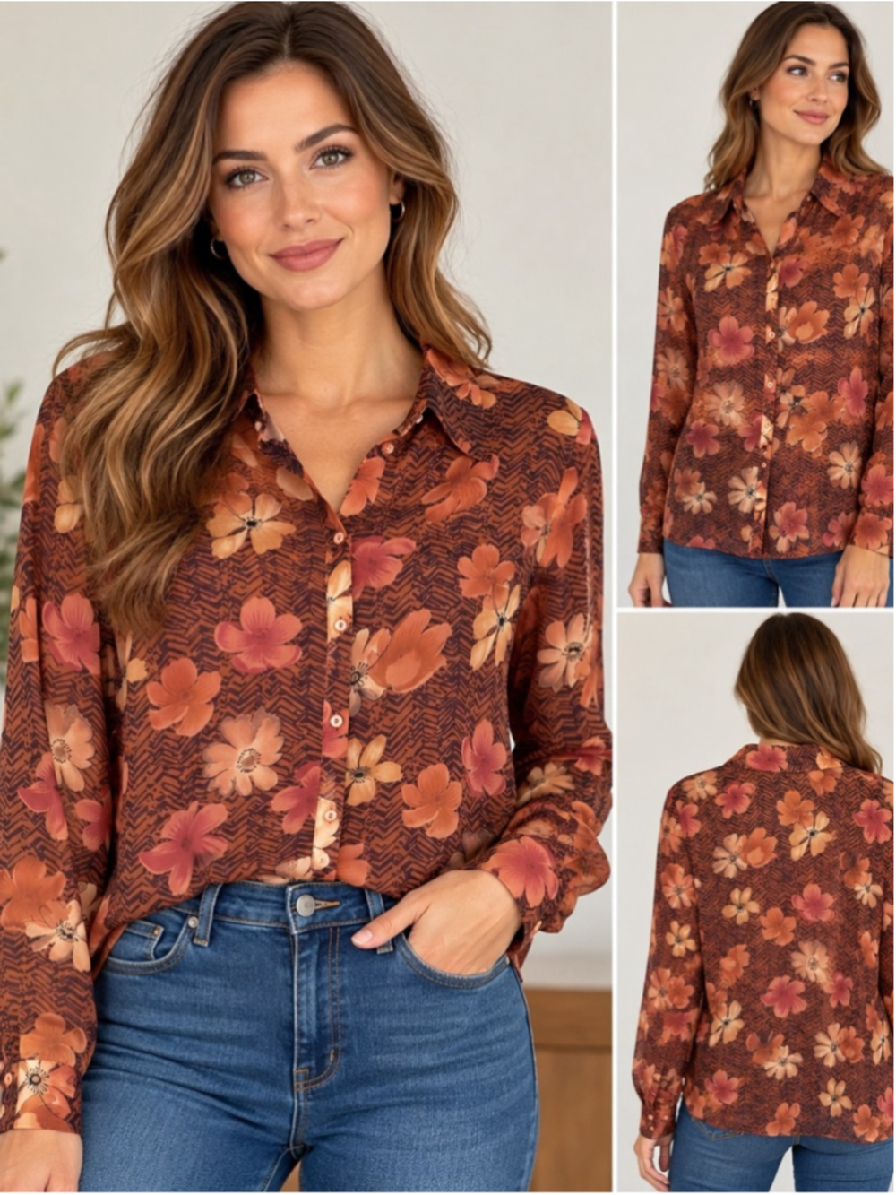 Fred David Rust Floral Button-Down Shirt Size M Fall Boho Retro
